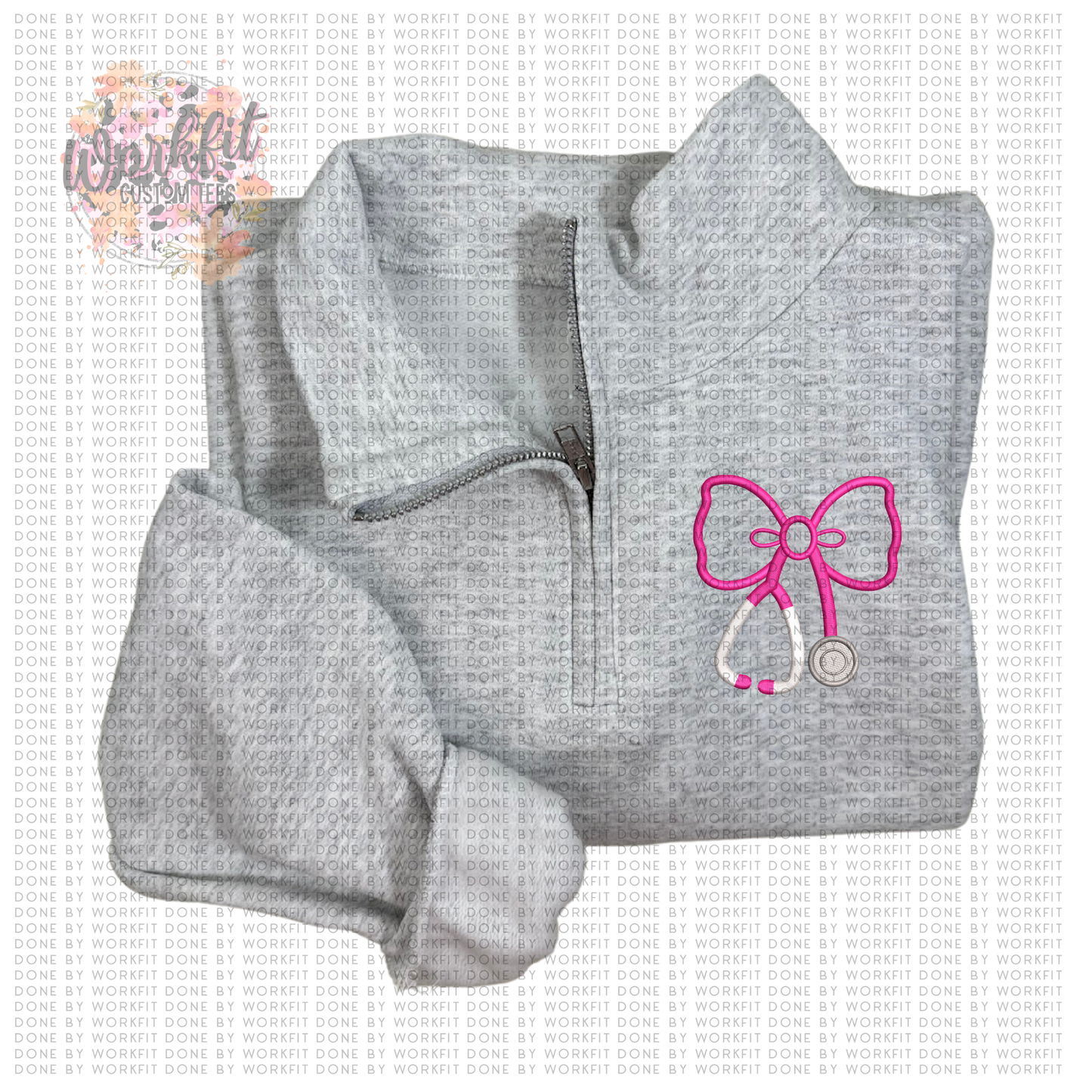 1/4 Zip Embroidery Pink Stethoscope